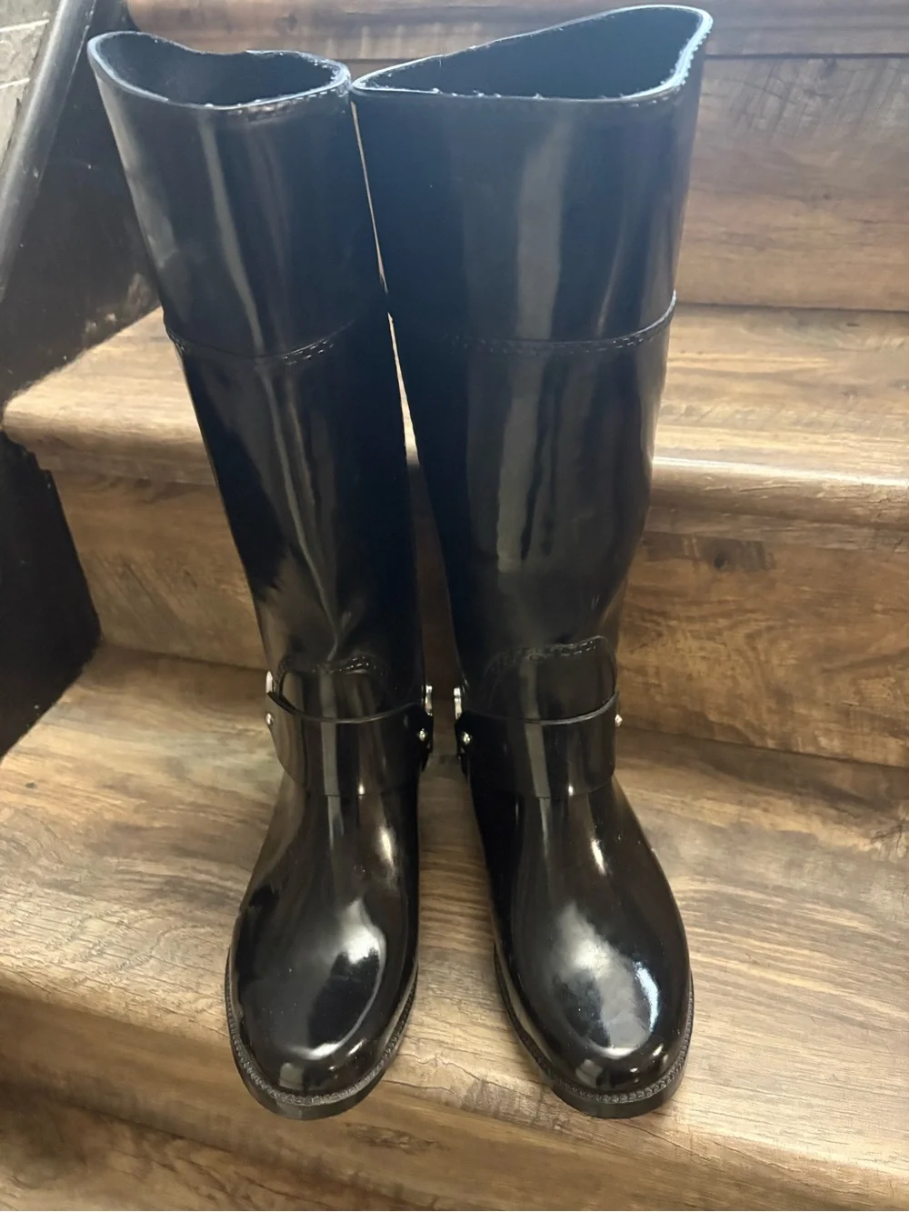Michael Kors Black Patent Tall Riding Boots with MK Charm
